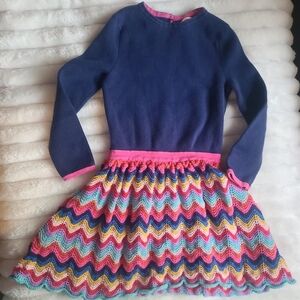 Mini Boden knit navy and rainbow colorful long sleeve dress size 2t 3t
